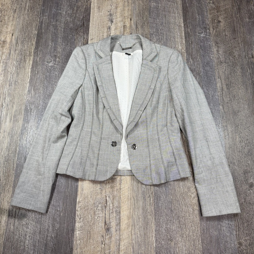 White House Black Market Cropped Blazer Jacket Gray Fitted Hook Front Womens 6
